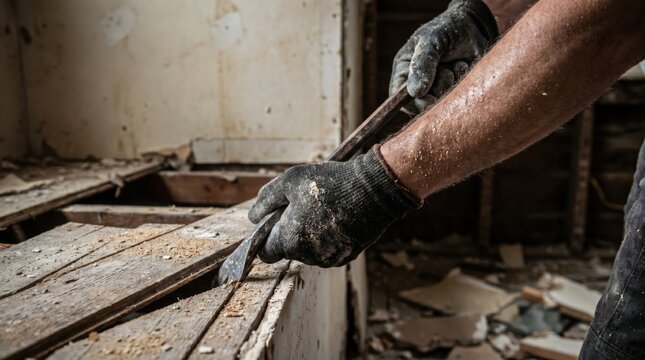 Salvaging antique oak flooring using heavy steel crowbar for leverage