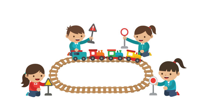 Four happy children are playing together with a colorful toy train on an oval wooden track while holding various miniature traffic signs.