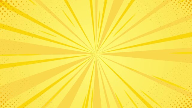 Dynamic yellow pop art comic book background with rotating sunburst rays and halftone pattern motion graphics.