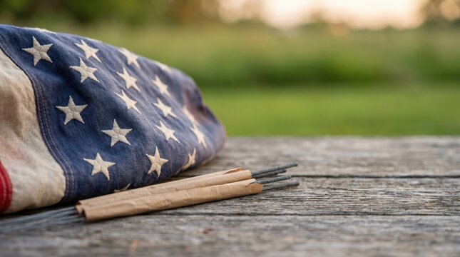 Antique picker flea market find folded vintage flag and old unlit sparklers on wood