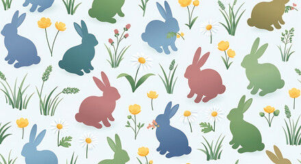 Fototapeta premium Vector seamless pattern of colorful Easter bunny silhouettes with spring flowers and grass, playful and festive, perfect for holiday decorations or fabric