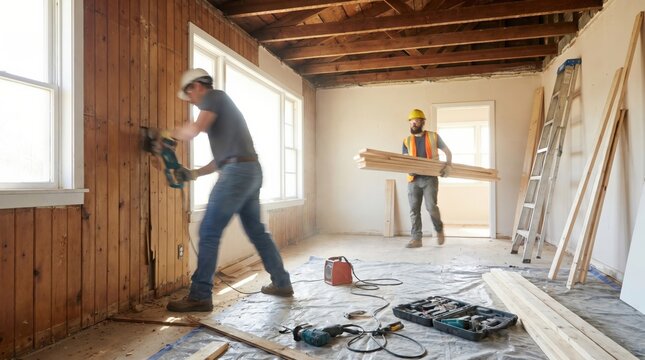 Professional framing contractors carrying heavy lumber for attic conversion