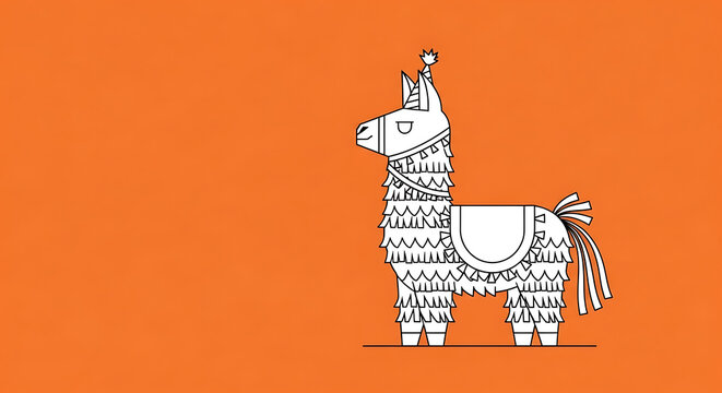 A white cartoon llama pi?ata with colorful streamers and a party hat stands against an orange background, festive celebration