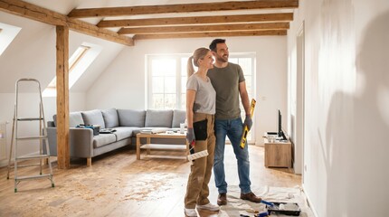 Fototapeta premium Proud millennial couple completing their first major sweat equity attic project
