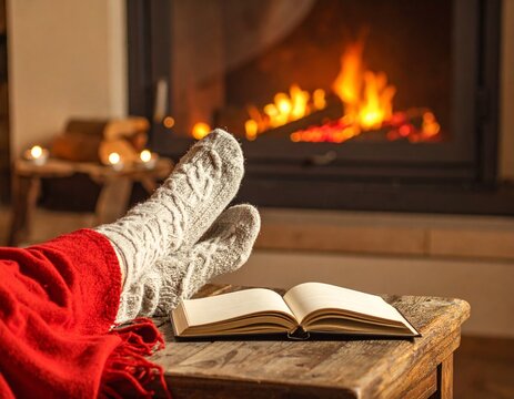 Person's feet in knitted socks resting on a blanket in front of a crackling fireplace with an open book.