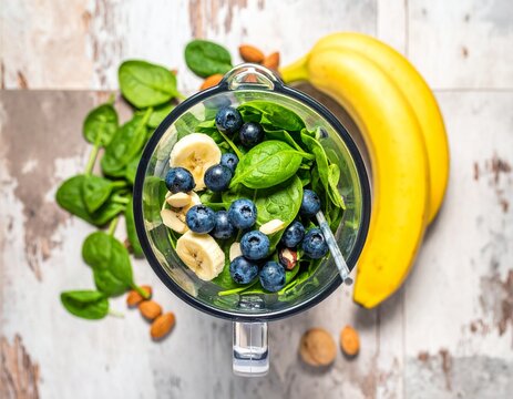Overhead view of a blender filled with fresh spinach, blueberries, and sliced bananas, ready for a healthy smoothie, surrounded by whole bananas and almonds on a textured surface.