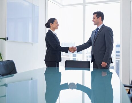 Two business professionals, a man and a woman, shaking hands across a modern conference table in a bright office setting, signifying agreement or a successful partnership.