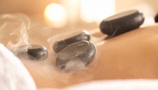 A person receiving a relaxing hot stone massage treatment at a spa, with warm stones and steam on their back.