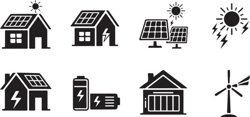 Fototapeta premium Renewable energy icons set with solar panels and wind turbines and battery