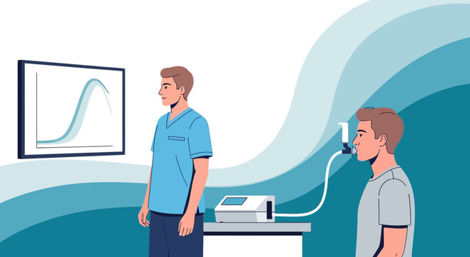Pulmonary function test: doctor and patient with spirometer and graph