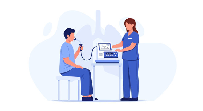 Pulmonary Function Test: Doctor measures patient's lung capacity with spirometer in clinic