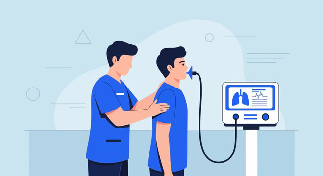 Pulmonary function test with spirometer, doctor and patient