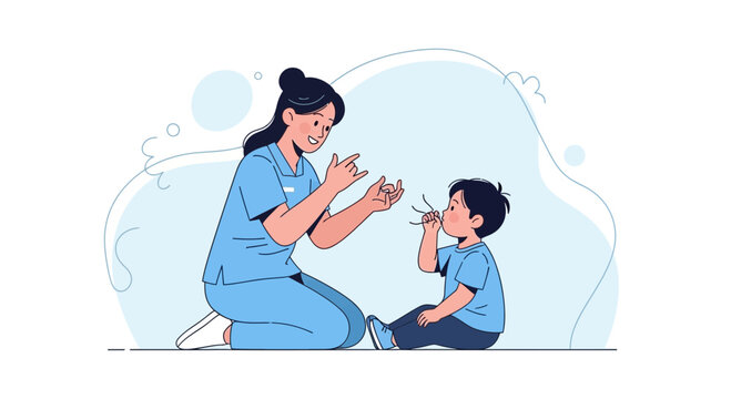 Speech therapist teaching child articulation exercises, improving pronunciation and communication skills