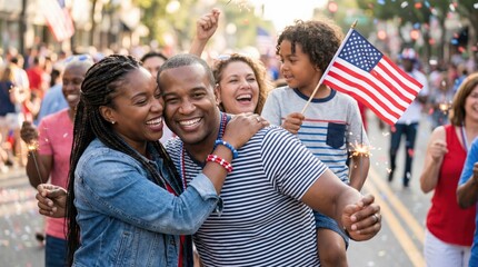 Naklejka premium African American newlywed couple hugging at summer neighborhood street festival parade