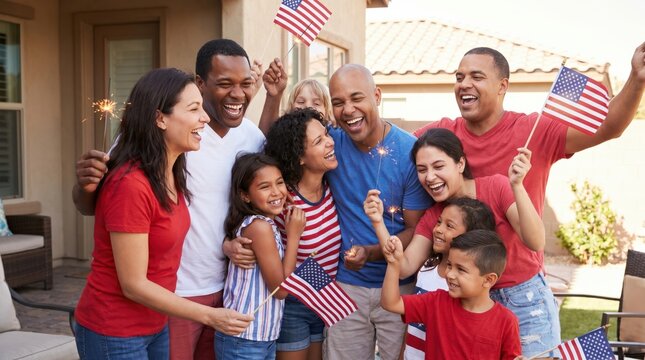 Extended family posing for photo on porch during summer backyard reunion