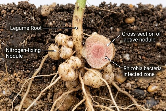 Annotated legume root nodule cross section revealing rhizobia bacteria