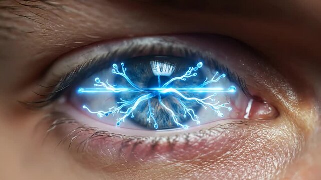 Close-up of a human eye with a glowing blue, neuron-like structure emanating from the pupil