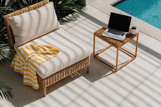 Comfortable outdoor lounge chair with yellow striped blanket and laptop on side table next to swimming pool, bathed in dappled sunlight. High quality photo