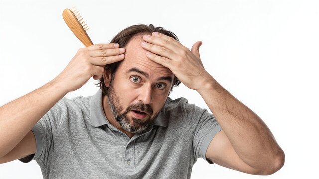Man shocked holding comb and hand to head revealing thinning hair.