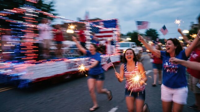 Volunteers riding illuminated float during summer evening street parade
