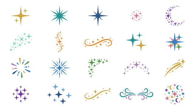 Colorful sparkle and magic dust vector set with stars, glitter bursts, swirls, twinkles, confetti trails and decorative fantasy effects