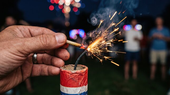 Licensed pyrotechnician carefully igniting consumer firework fountain at sanctioned community event