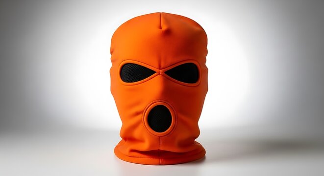 Close-up of a bright orange balaclava with eye and mouth holes, symbolizing anonymity and disguise