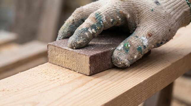 Industrial surface preparation sanding rough timber before applying primer