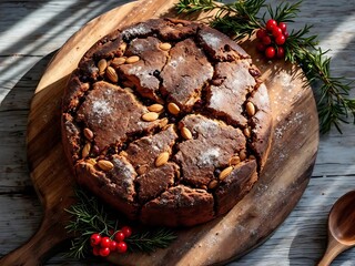 Obraz premium Traditional Christmas fruit cake with almonds on wooden board, rustic holiday panforte dessert with winter greenery, festive dark chocolate nut cake