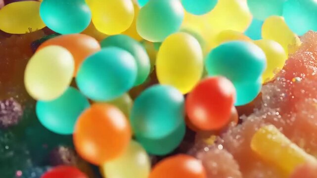 Colorful gummy candy balls scattered on sparkling sugar background.