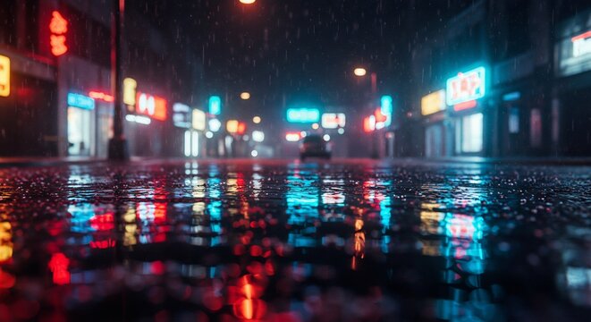 雨降る深夜の都市の通り道鮮やかなネオン光が濡れた路面にきらめくように反射し幻想的な光と水のダンスが繰り広げられる都会の情景. AI Generated