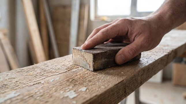 Eco conscious builder hand sanding salvaged barn wood for rustic interior
