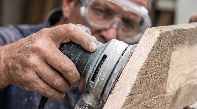 Serious tradesman aggressively stripping paint with electric detail sander