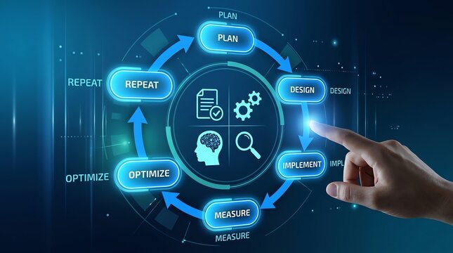 Innovative business process management visualized in a cyclical flowchart, emphasizing planning, design, implementation, and measurement for continuous improvement