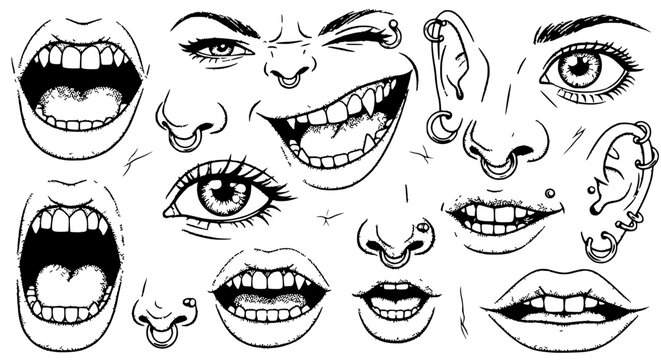 Expressive Faces, Lips, Eyes, Noses with Piercings - Hand Drawn Sketch