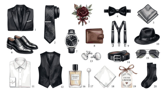 Elegant groom accessories vector set with suit, tie, bow tie, shoes, watch, wallet, suspenders, hat, sunglasses, perfume and wedding items
