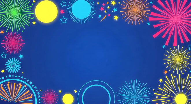 Festive firework display border frame on deep blue background for celebration and holidays with fireworks celebration background explosions pyrotechnics festivity anniversary template