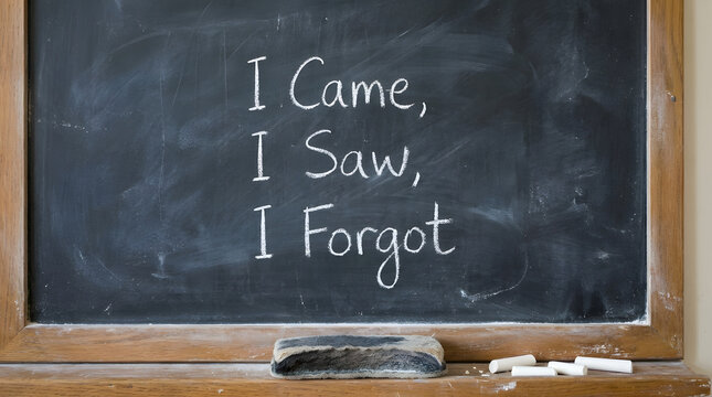 Chalkboard with the humorous phrase 'I Came, I Saw, I Forgot' written in white chalk, implying forgetfulness or absent-mindedness
