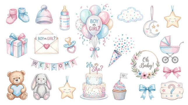 Pastel baby shower vector set with bottles, gifts, teddy bear, bunny, cake, cupcake, banner, rattle, moon, cloud, stroller and boy or girl decor