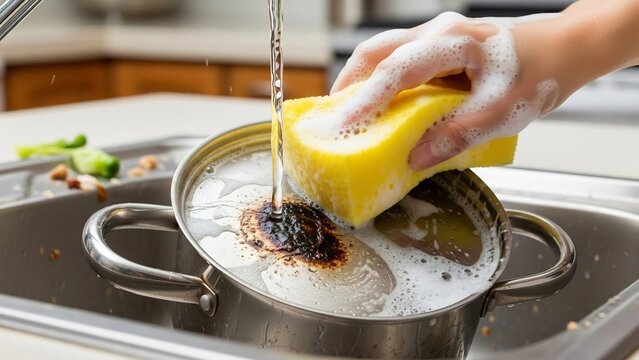 明るい日差しが差し込むキッチンで焦げ付いた鍋を懸命に洗う手泡立つスポンジと水しぶきが飛び散り清潔を目指す家事の奮闘がリアルに描かれた一枚. AI Generated