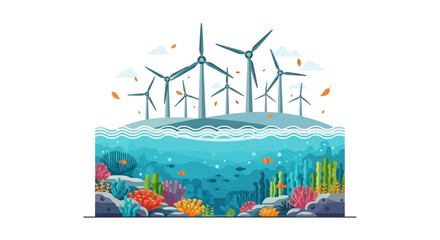 Wind turbines above vibrant ocean life with coral reefs and fish. © Tujuenam