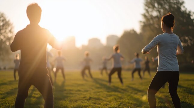 Group of people practicing Tai Chi or Qigong outdoors in a park, enjoying wellness and mindful movement at sunset