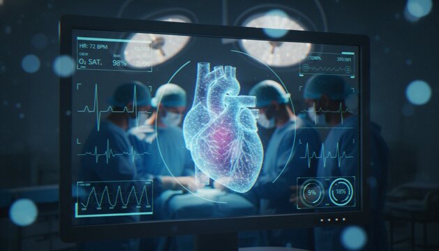 A digital overlay of a glowing wireframe human heart with vital sign telemetry monitoring screens, viewed in a high-tech operating room with surgical staff in the background.