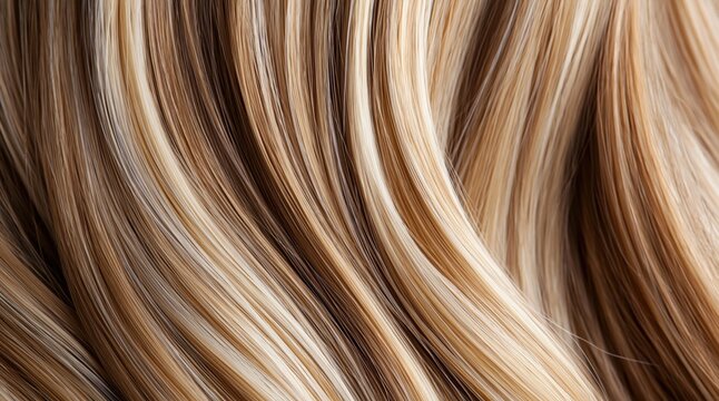 Close-up showing strands of wavy hair with blonde and brown highlights, creating a rich color texture