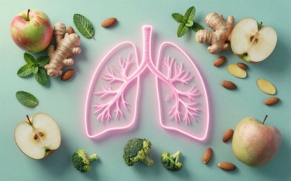 Healthy lungs symbolized by neon outline surrounded by fruits and