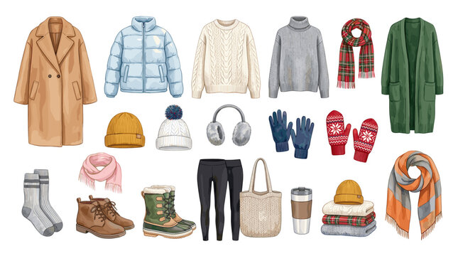 Cozy winter fashion vector collection with coats, sweater, jacket, scarf, hats, gloves, boots, socks and cold weather accessories isolated on white background