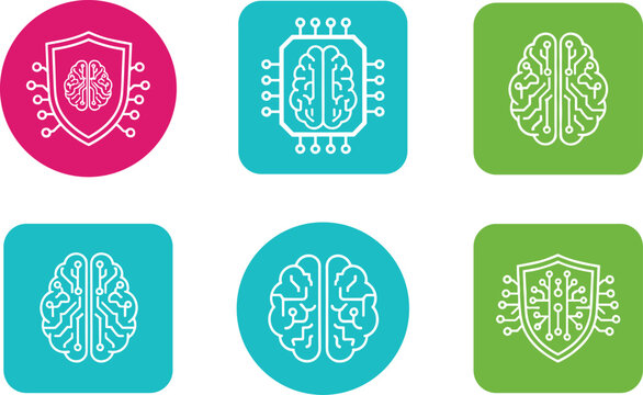 Cybersecurity and AI Brain Icon Set with Neural Network, Circuit Brain, and Shield Protection Symbols in Circular and Square Designs for Technology and Digital Security