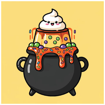 Cute Halloween Witch Cauldron Dessert with Whipped Cream.