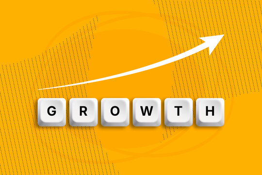 Growth word formed by keyboard style blocks with rising arrow on a yellow background. Concept business growth, performance increase, startup success, marketing strategy and financial progress.