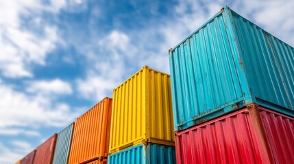 Fototapeta premium Colorful Shipping Containers Stacked Against a Blue Sky with Clouds, Showcasing Industrial and Transportation Elements in a Vivid Urban Setting